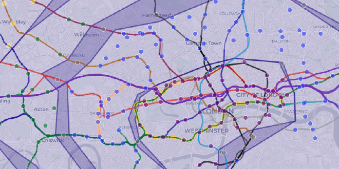Karte von London mit mehreren Punkte (Stationen) und Linien