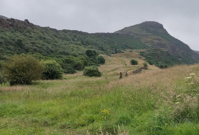 Ein grün bewachsener Berg (Arthur's Seat)